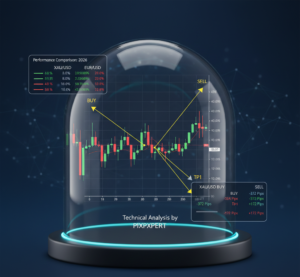 Professional technical analysis chart by PIXPXPERT for XAU/USD gold and EUR/USD forex pairs, featuring 2026 performance comparisons, buy and sell signal entry points, and take-profit (TP1) target levels within a futuristic glass dome interface.