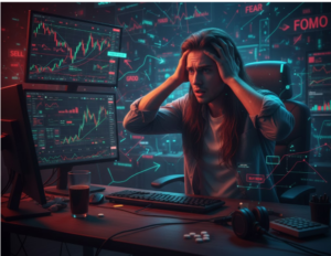 A frustrated trader dealing with trading anxiety and emotional decision-making in the forex market.